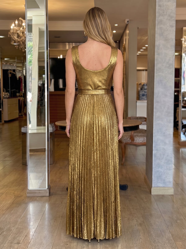 Cowl Neck Metallic Satin Sleeveless Long Evening Dresses with Pleated