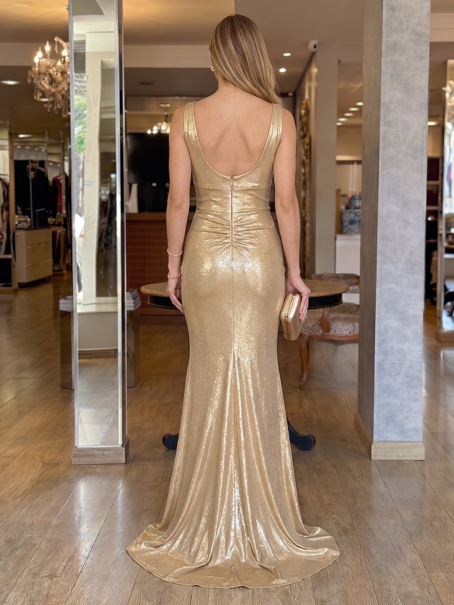 V Neck Metallic Satin Sleeveless Long Mermaid Evening Dresses