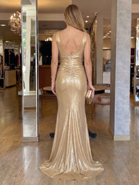 V Neck Metallic Satin Sleeveless Long Mermaid Evening Dresses