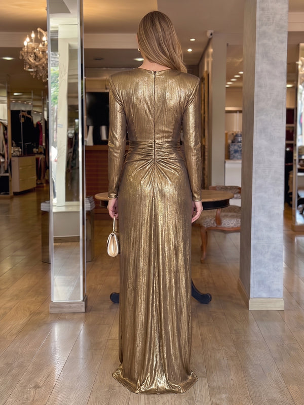 Jewel Mermaid Metallic Satin Long Sleeves Evening Dresses with Slit