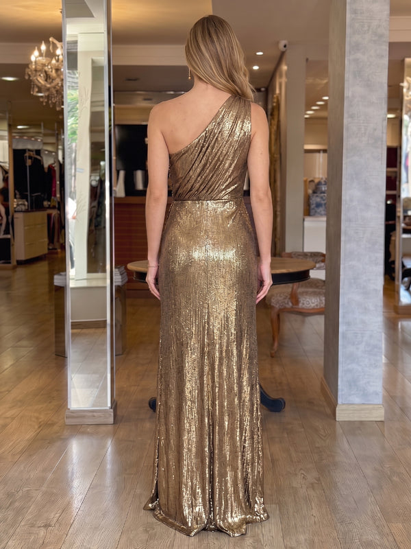 One Shoulder Metallic Satin Long Mermaid Evening Dresses with Slit