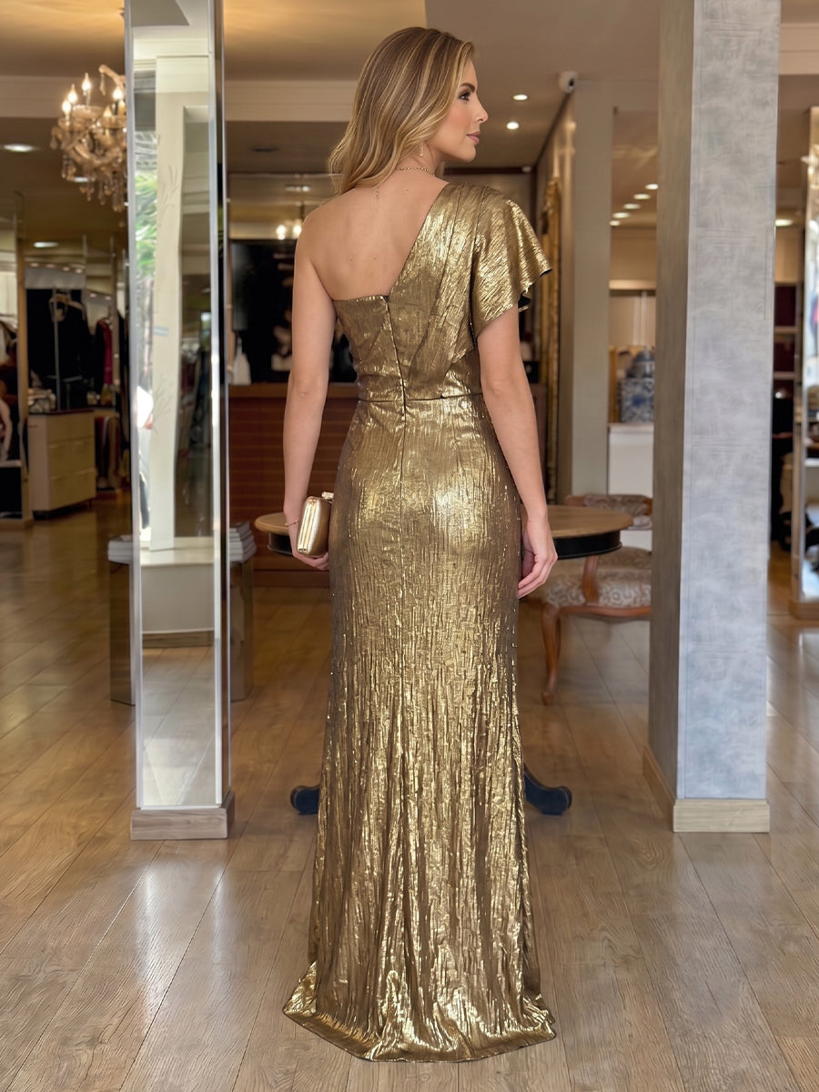 One Shoulder Metallic Satin Long Mermaid Evening Dresses with Slit