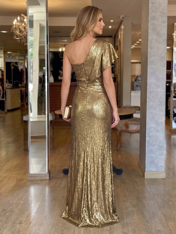 One Shoulder Metallic Satin Long Mermaid Evening Dresses with Slit
