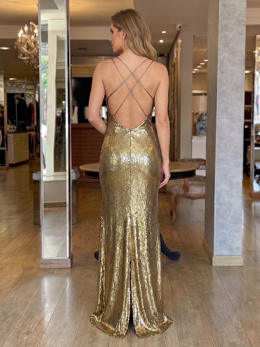 Spaghetti Straps Metallic Satin Backless Long Evening Dresses