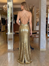 Spaghetti Straps Metallic Satin Backless Long Evening Dresses
