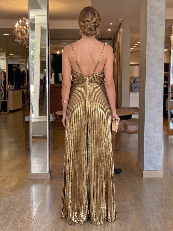 V Neck Metallic Satin Sleeveless Floor Length Evening Dresses with Pleated
