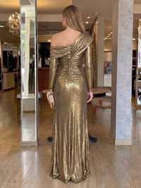 One Shoulder Mermaid Metallic Satin Long Sleeves Evening Dresses with Slit