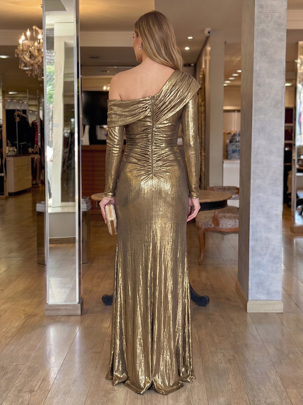 One Shoulder Mermaid Metallic Satin Long Sleeves Evening Dresses with Slit