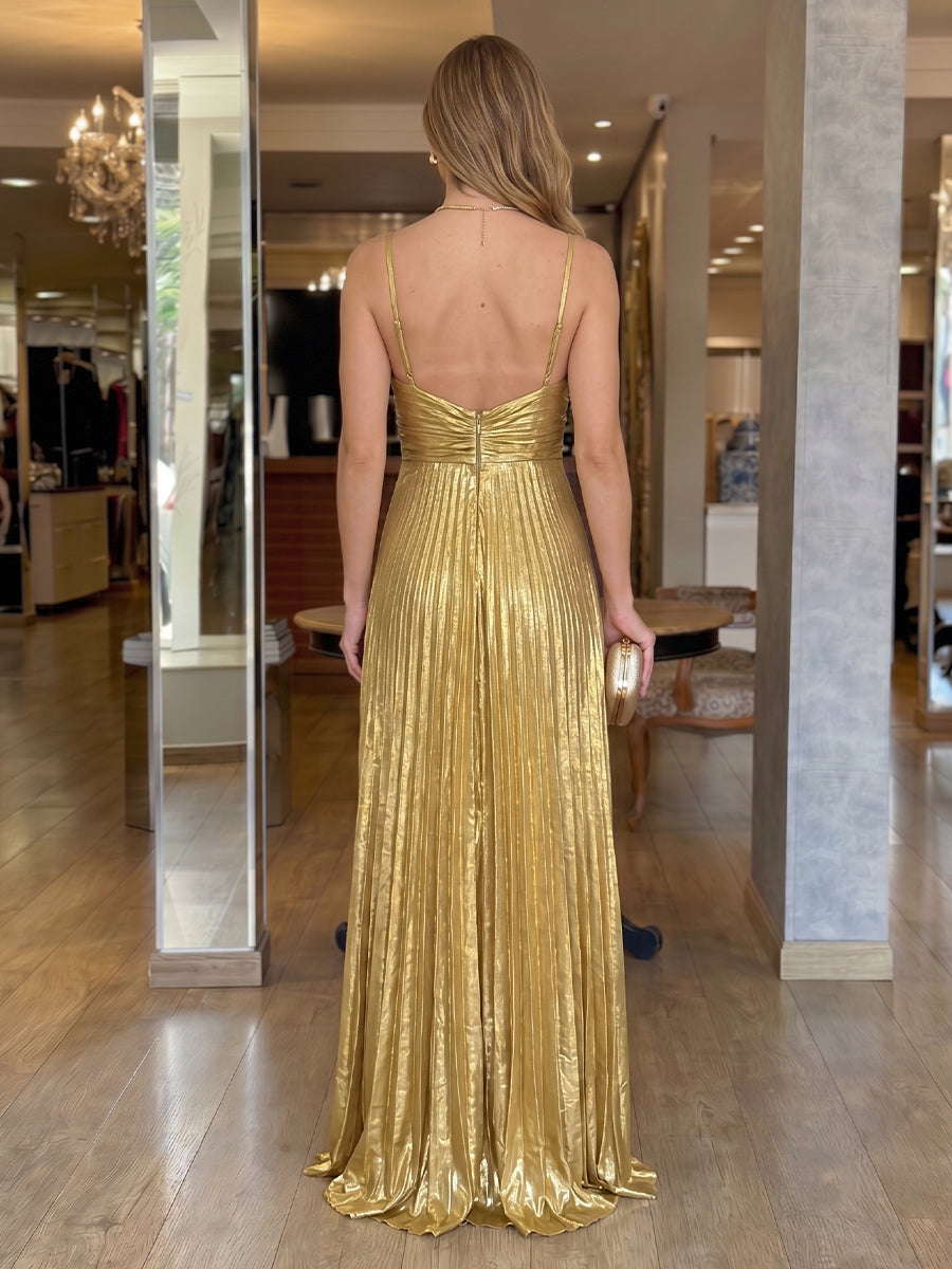 Spaghetti Straps Metallic Satin Sleeveless Floor Length Evening Dresses with Pleated