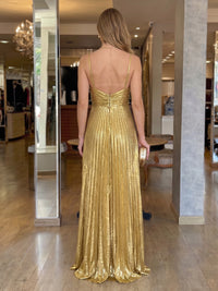 Spaghetti Straps Metallic Satin Sleeveless Floor Length Evening Dresses with Pleated
