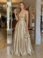 Square Neck Metallic Satin Sleeveless Floor Length Evening Dresses