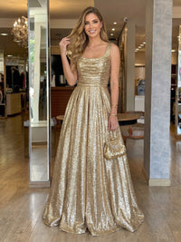 Square Neck Metallic Satin Sleeveless Floor Length Evening Dresses