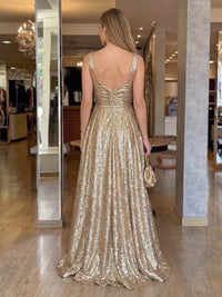 Square Neck Metallic Satin Sleeveless Floor Length Evening Dresses