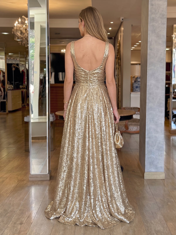 Square Neck Metallic Satin Sleeveless Floor Length Evening Dresses