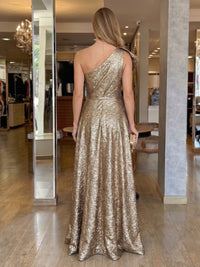 One Shoulder Metallic Satin Long A Line Evening Dresses with Slit
