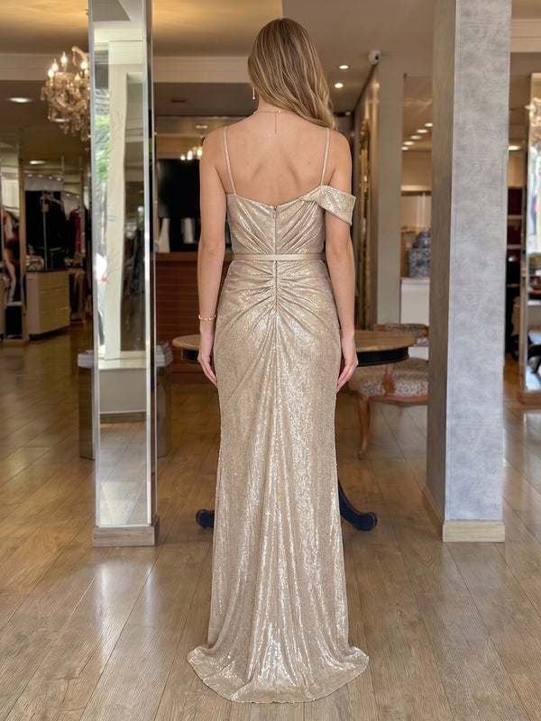 One Shoulder A Line Metallic Satin Evening Dresses with Slit