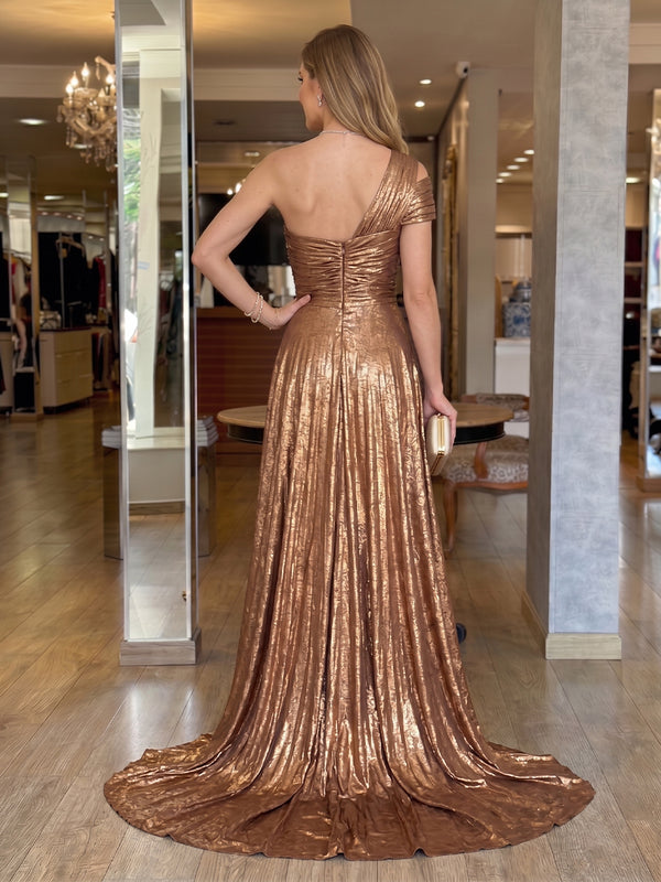 One Shoulder Metallic Satin Long A Line Evening Dresses with Train