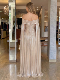Off the Shoulder Metallic Satin Long A Line Evening Dresses