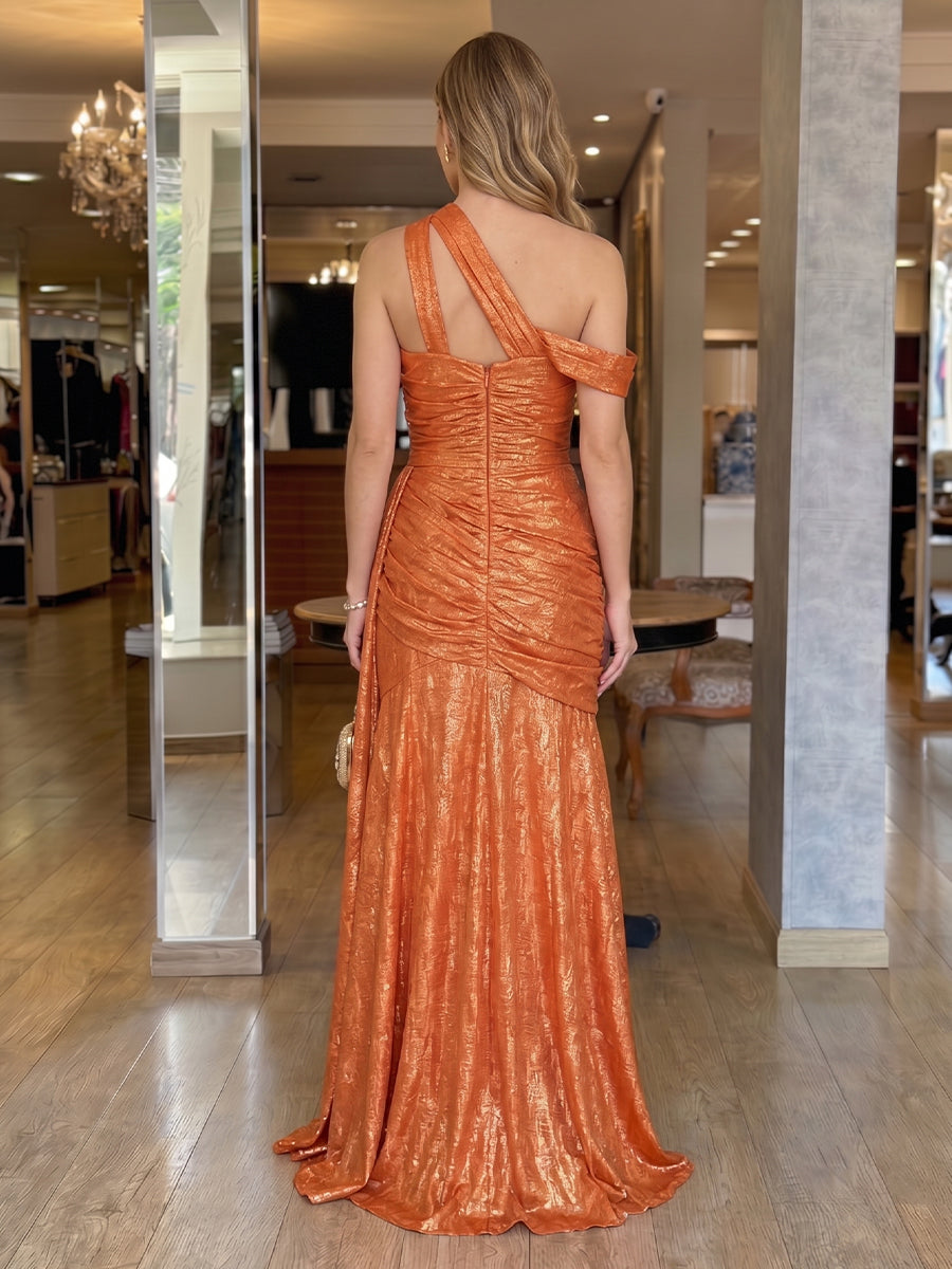 One Shoulder Mermaid Metallic Satin Floor Length Evening Dresses