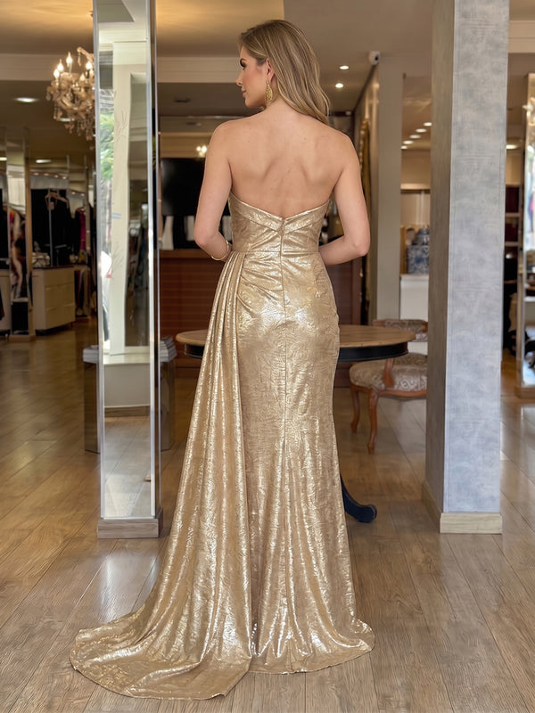 Strapless Mermaid Metallic Satin Floor Length Evening Dresses with Slit