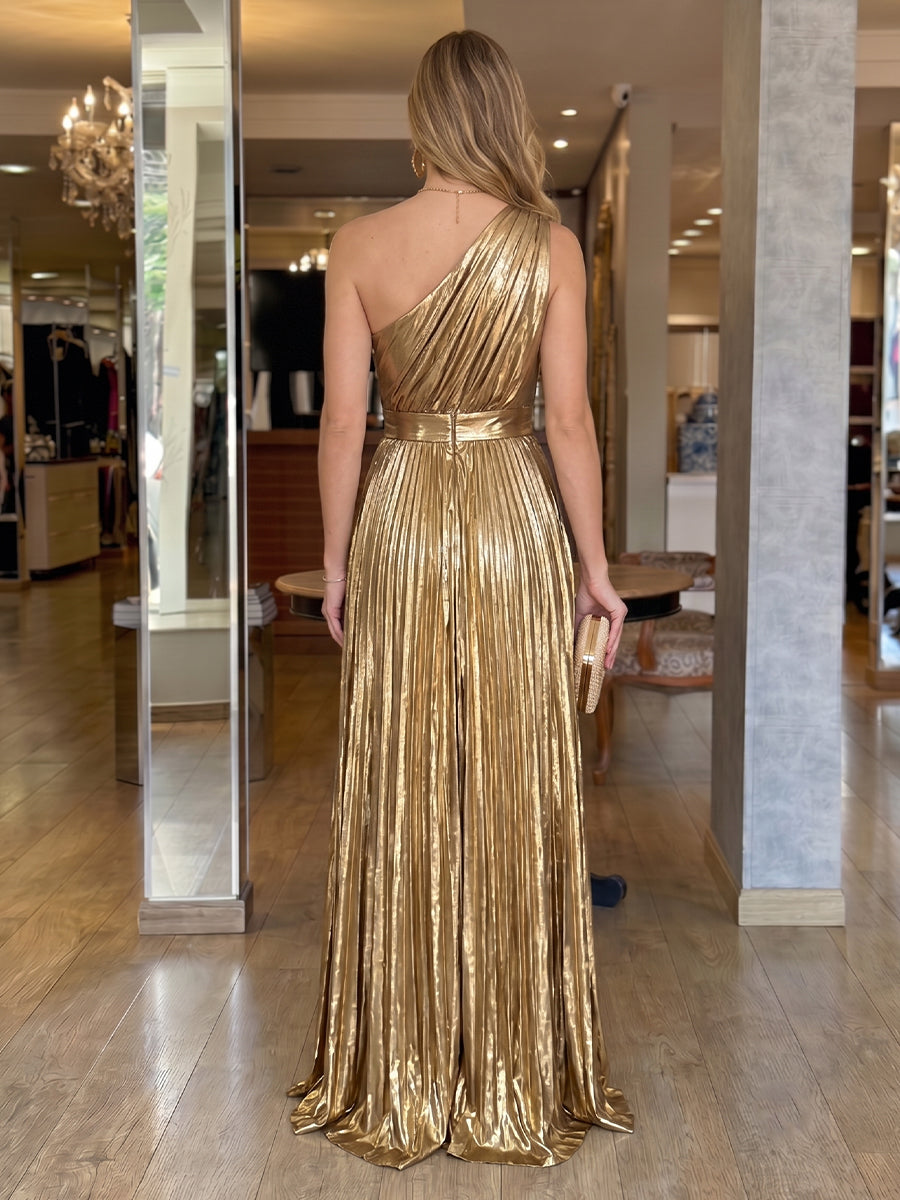 One Shoulder A Line Metallic Satin Evening Dresses with Pleated