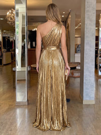 One Shoulder A Line Metallic Satin Evening Dresses with Pleated