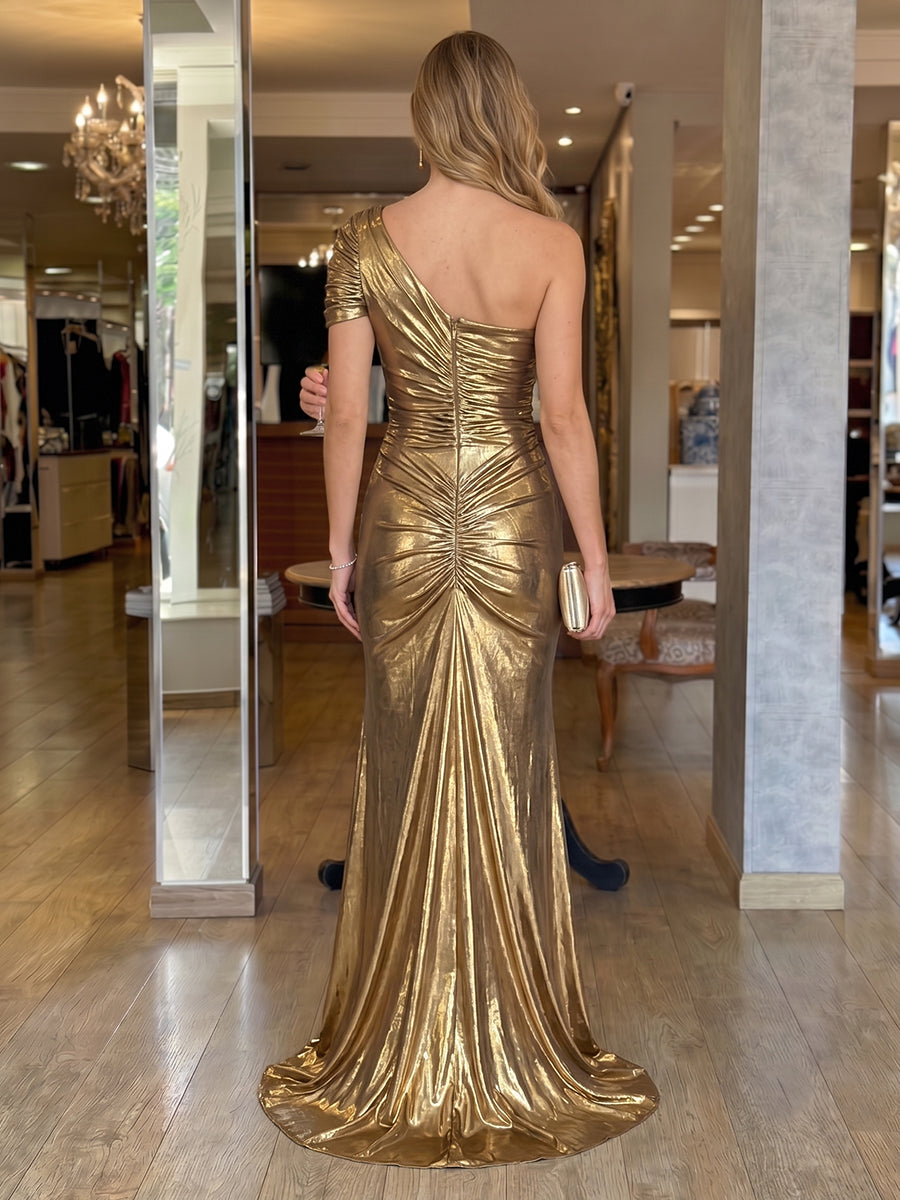 One Shoulder Mermaid Metallic Satin Evening Dresses