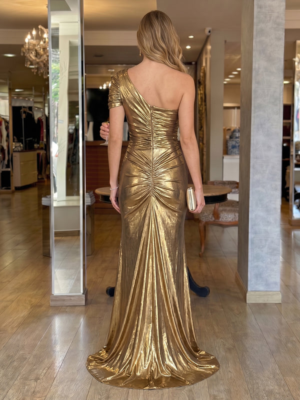 One Shoulder Mermaid Metallic Satin Evening Dresses