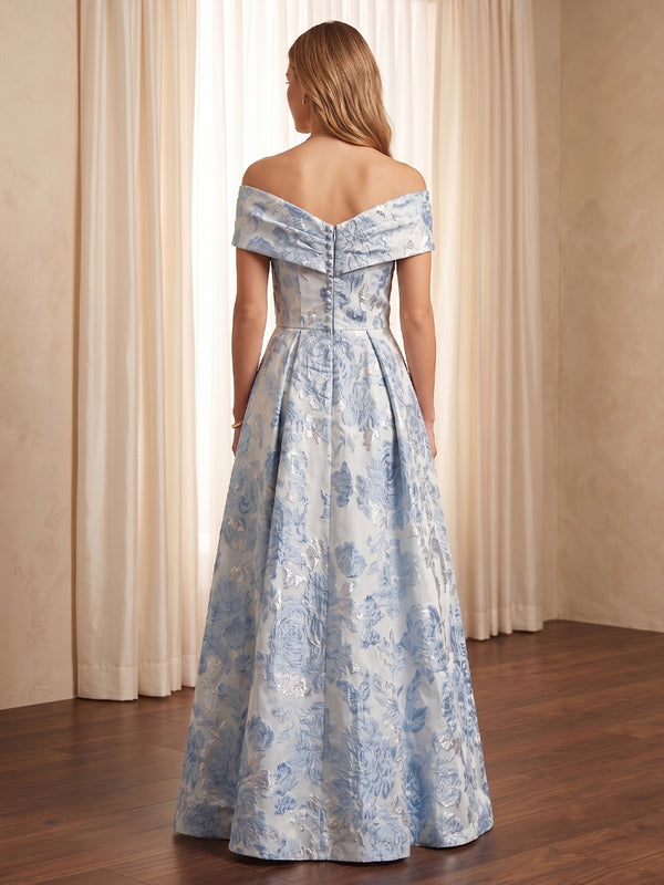 Off the Shoulder A Line Floor Length Jacquard Evening Dresses Long