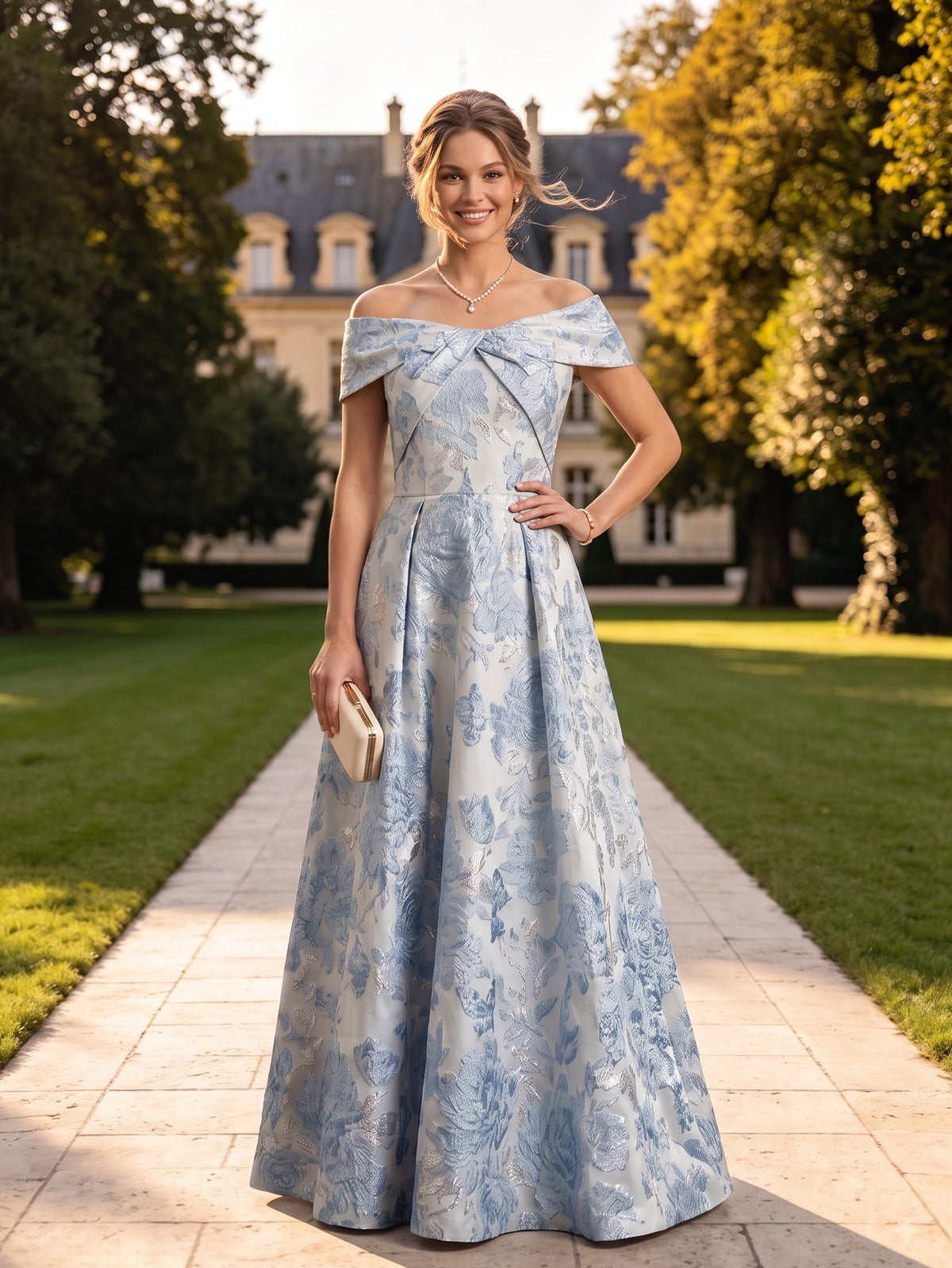Off the Shoulder A Line Floor Length Jacquard Evening Dresses Long
