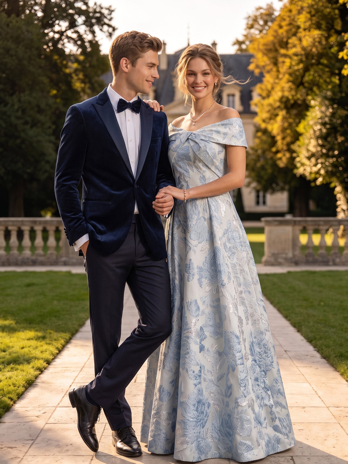 Off the Shoulder A Line Floor Length Jacquard Evening Dresses Long