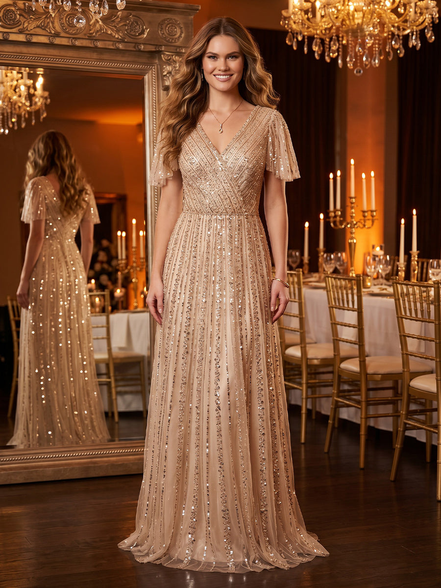 V Neck A Line Sequins Floor Length Evening Dresses