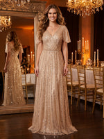 V Neck A Line Sequins Floor Length Evening Dresses