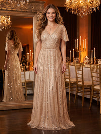 V Neck A Line Sequins Floor Length Evening Dresses