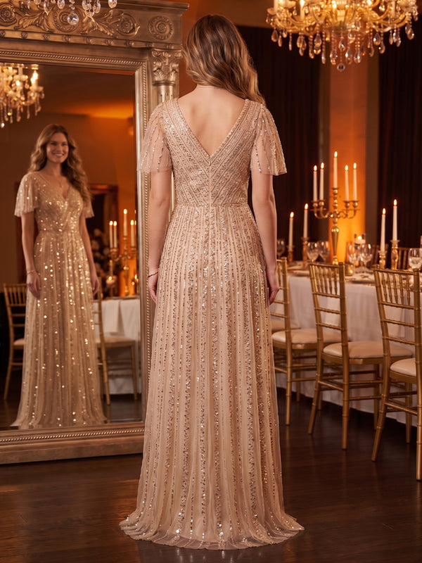 V Neck A Line Sequins Floor Length Evening Dresses