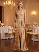 Jewel Sequin Mermaid Floor Length Evening Dresses with Slit