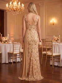 Jewel Sequin Mermaid Floor Length Evening Dresses with Slit