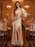 One Shoulder Long Sleeves Mermaid Metallic Satin Evening Dresses