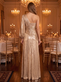 One Shoulder Long Sleeves Mermaid Metallic Satin Evening Dresses
