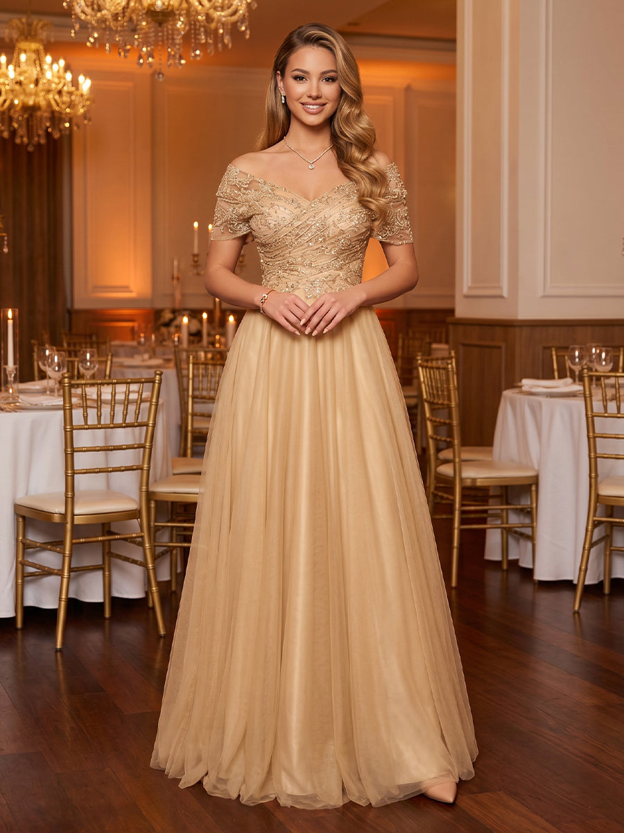 Off the Shoulder Tulle A Line Floor Length Long Evening Dresses