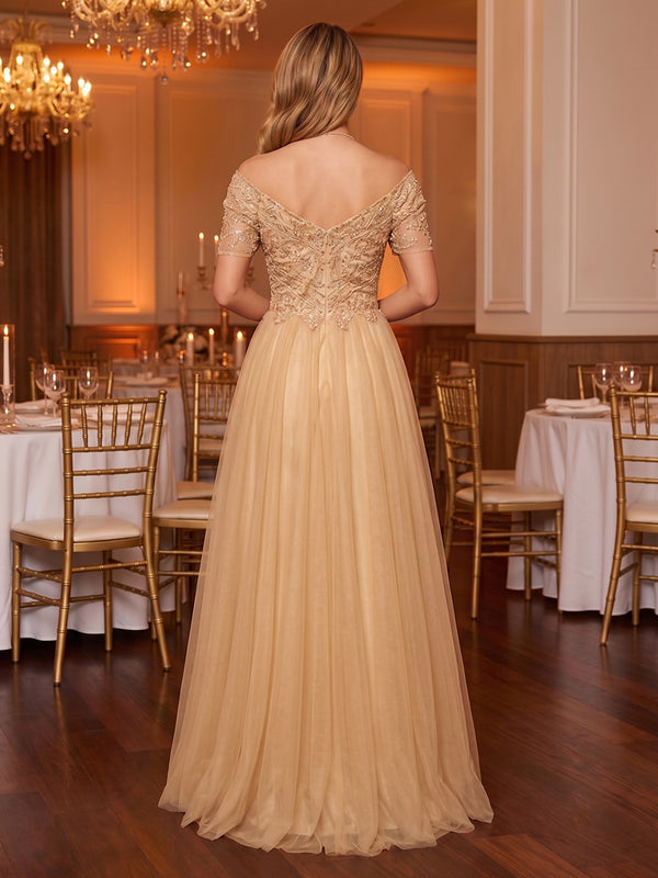 Off the Shoulder Tulle A Line Floor Length Long Evening Dresses