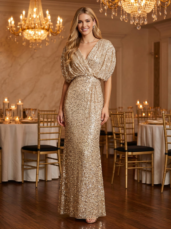 V Neck Sequin Mermaid/Sheath Floor Length Evening Dresses