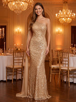 One Shoulder Sequin Mermaid Long Sleeves Maxi Evening Dresses