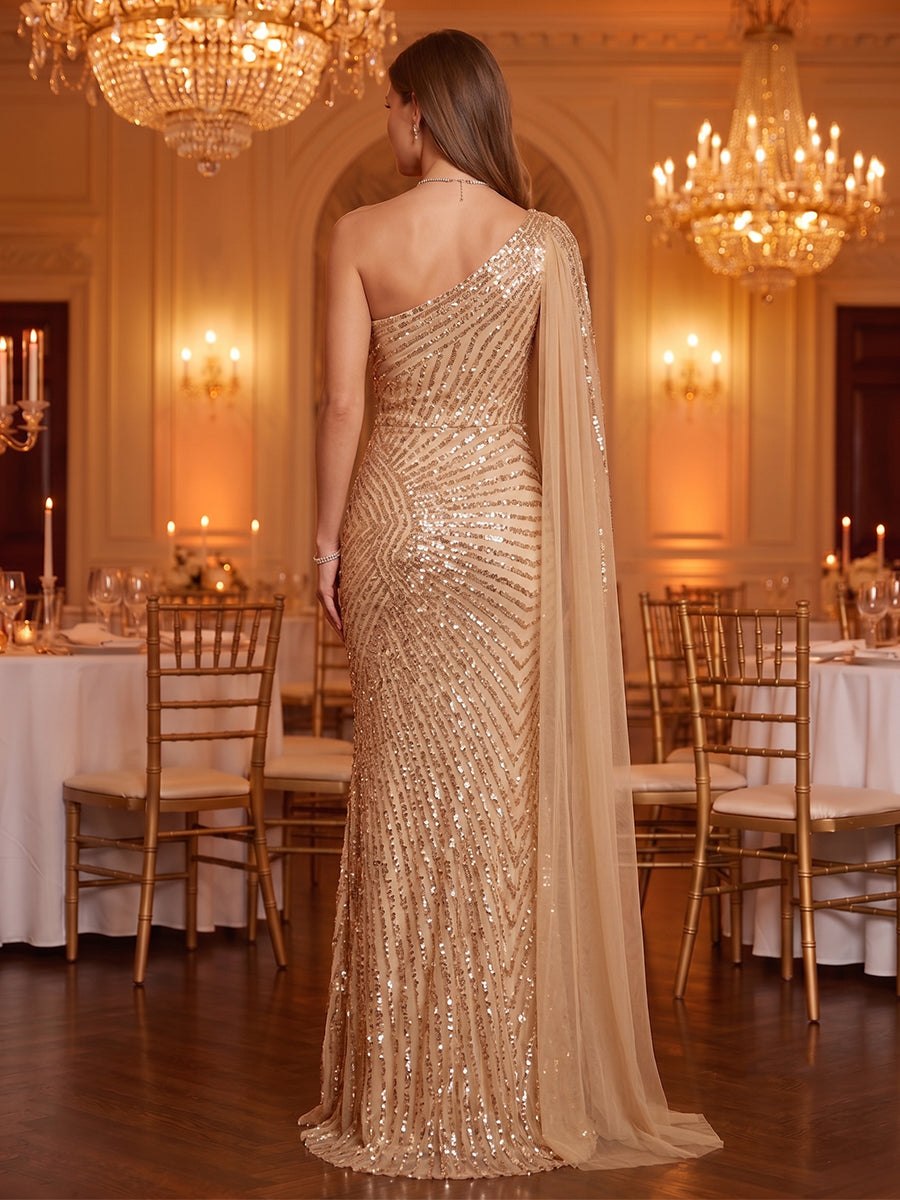 One Shoulder Sequin Mermaid Long Sleeves Maxi Evening Dresses