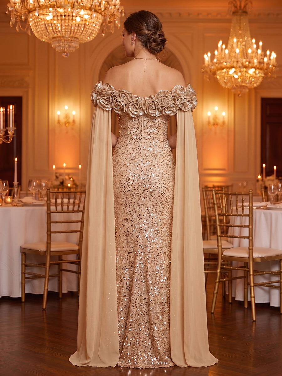 Off the Shoulder Sequin Mermaid Floor Length Long Evening Dresses with Slit