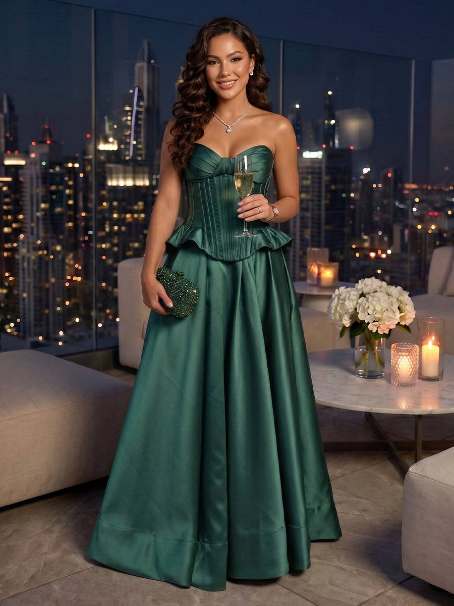 Strapless Satin A Line Floor Length Long Evening Dresses