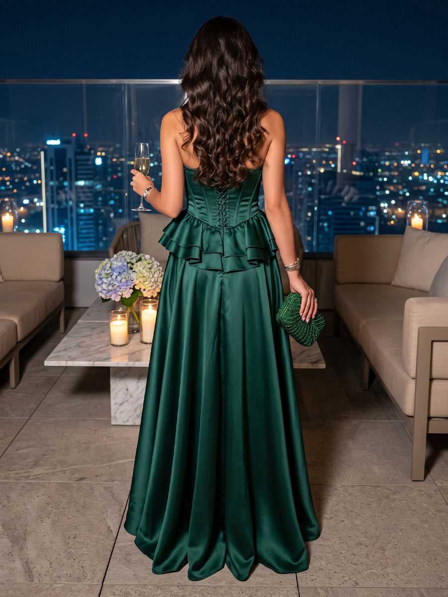 Strapless Satin A Line Floor Length Long Evening Dresses