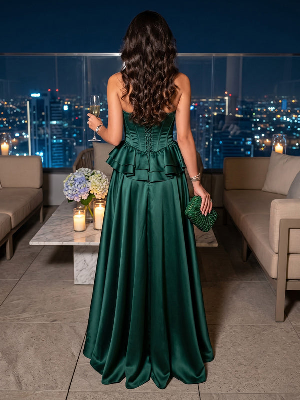 Strapless Satin A Line Floor Length Long Evening Dresses