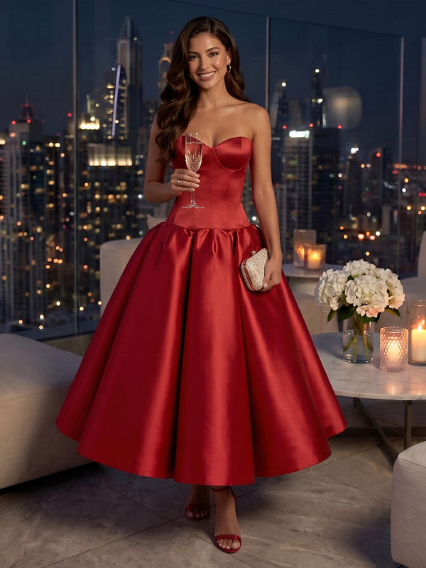 Strapless Satin A Line Floor Length Tea Length Evening Dresses