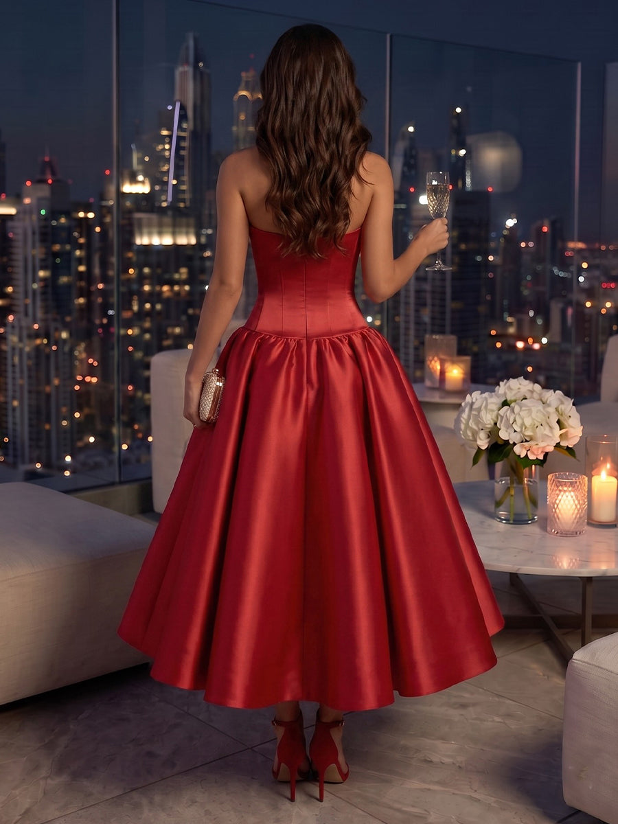 Strapless Satin A Line Floor Length Tea Length Evening Dresses